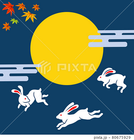 十五夜イメージイラスト 跳ねる三羽のウサギと和の背景 正方形 青色背景のイラスト素材