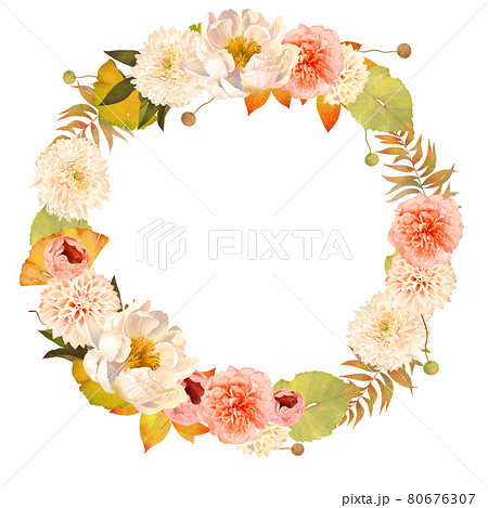 花とつぼみと植物のオシャレな秋のリースの白バックフレームベクターのイラスト素材のイラスト素材