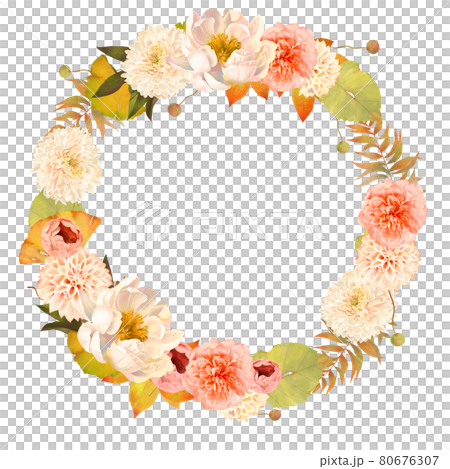花とつぼみと植物のオシャレな秋のリースの白バックフレームベクターのイラスト素材のイラスト素材