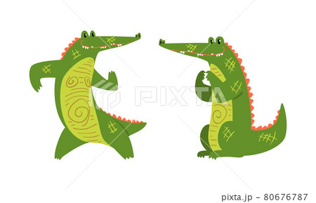 Funny Green Crocodile with Toothy Smile Sitting and Dancing Vector Set 80676787