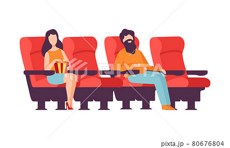 Man and Woman Sitting in Cinema or Movie Theater Viewing Film for Entertainment Vector Illustration 80676804