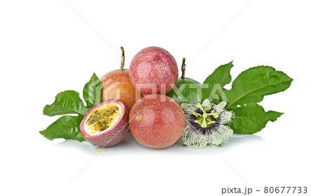 Passion fruit with leaf isolated on white background Passion fruit with leaf isolated on white background 80677733