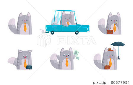 Grey Cat Businessman Character in Tie Driving Car and Standing with Briefcase Vector Set Grey Cat Businessman Character in Tie Driving Car and Standing with Briefcase Vector Set 80677934