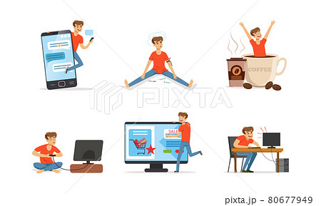 Bad Habit with Man Addicted to Coffee, Drugs and Video Games Vector Set Bad Habit with Man Addicted to Coffee, Drugs and Video Games Vector Set 80677949