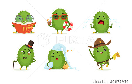 Cute Humanized Cactus Character Sleeping in Night Cap and Reading Book Vector Set 80677956