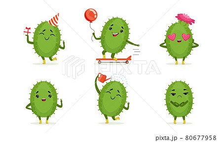 Cute Humanized Cactus Character Watering Himself and Skateboarding Vector Set 80677958