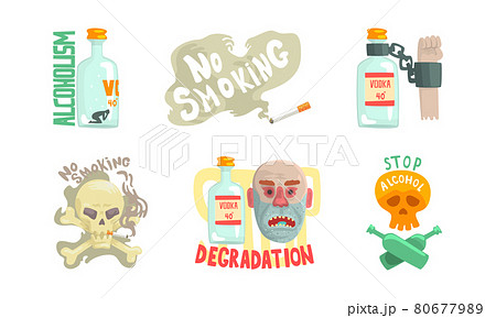 Smoking and Alcoholism Addiction as Bad Habits with Alcohol Bottle and Skull Vector Set Smoking and Alcoholism Addiction as Bad Habits with Alcohol Bottle and Skull Vector Set 80677989