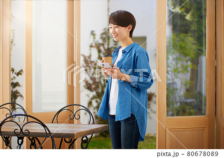 カフェでスマホを見る女性 カフェでスマホを見る女性 80678089