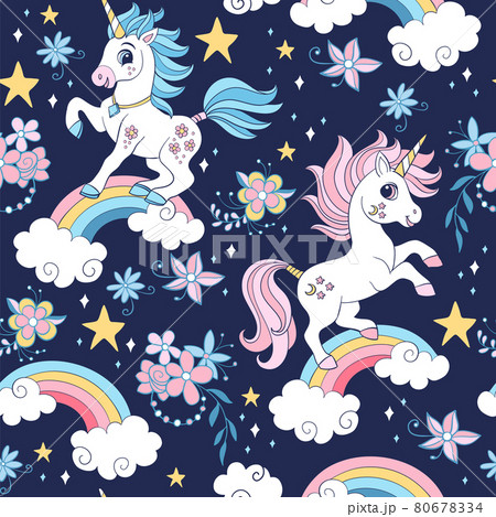 Seamless vector pattern with unicorns and cosmic and floral elements 80678334
