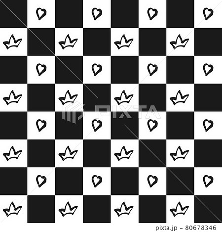 Chess board background, geometrical grid, black and white seamless pattern. Hand drawn ink brush crown, heart images. Vector Chess board background, geometrical grid, black and white seamless pattern. Hand drawn ink brush crown, heart images. Vector 80678346