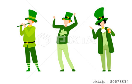 Set of Young Men in Green Irish Traditional Costumes Celebrating Saint Patrick s Day Holiday Cartoon Vector Illustration 80678354