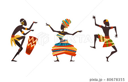 African People in Ritual Dance, Aborigines in Ethnic Traditional Clothing Dancing and Playing Drum Cartoon Vector Illustration 80678355