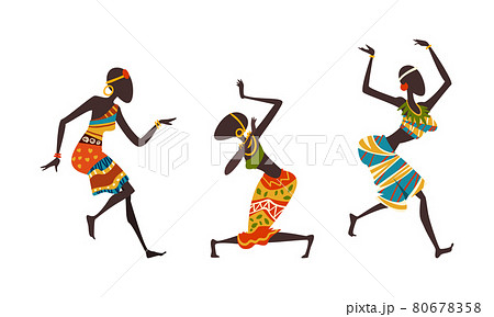 Set of African People Dancing Ethnic Dance Set, Young Women in Bright Traditional Clothing Performing Ritual Dance Cartoon Vector Illustration 80678358