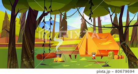 Summer camp with bonfire and tent in forest Summer camp with bonfire and tent in forest 80679694