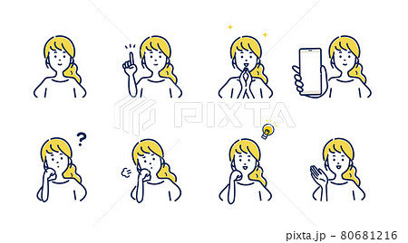 若い女性の表情とジェスチャーのイラスト素材セット 80681216