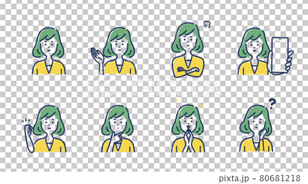若い女性の表情とジェスチャーのイラスト素材セット 80681218