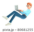 3D illustration of cute smiling man with laptop flying in air, isolated on white background. 80681255