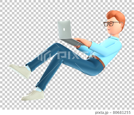 3D illustration of cute smiling man with laptop flying in air, isolated on white background. 80681255