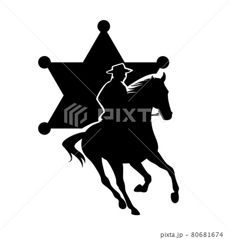wild west sheriff cowboy riding horse black vector silhouette against star badge wild west sheriff cowboy riding horse black vector silhouette against star badge 80681674