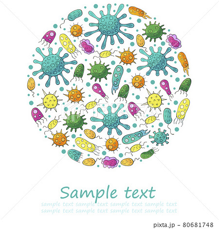 Round vector set of design elements, text. Set of cartoon microbes in hand draw style. Coronavirus Round vector set of design elements, text. Set of cartoon microbes in hand draw style. Coronavirus 80681748