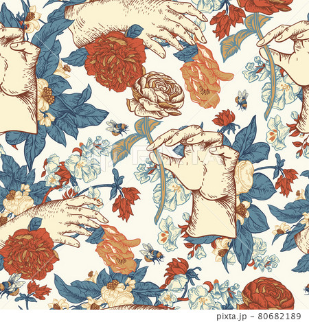 Vintage vector floral seamless pattern with woman hand. Rose botanical flowers texture Vintage vector floral seamless pattern with woman hand. Rose botanical flowers texture 80682189
