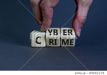Cyber crime symbol. Businessman turns wooden cubes with words 'Cyber crime'. Beautiful grey background. Cyber crime and business concept. Copy space. 80682228