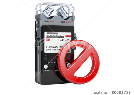 Prohibition symbol with digital voice recorder. 3D rendering 80682758