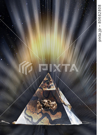 Pyramid masonry symbol in light rays at starry night. 80682808
