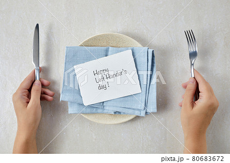 Happy Lefthanders Day, for August 13 with table setting showing reverse cutlery placing. Happy Lefthanders Day, for August 13 with table setting showing reverse cutlery placing. 80683672