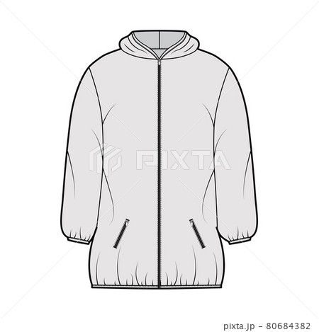 Down puffer coat jacket technical fashion illustration with long sleeves, hoody collar, zip-up closure, thigh length 80684382