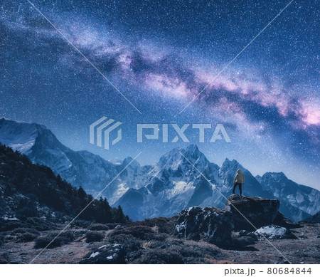 Silhouette of a standing man and Milky Way at night in Nepal Silhouette of a standing man and Milky Way at night in Nepal 80684844