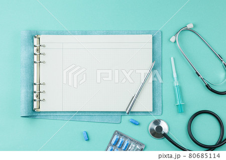 Medical supplies and medicines on the table. 80685114