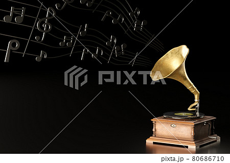 Old antique Gramophone or Phonograph and black music notes in dark black background. It's a popular mythical music player. It works by wind up. The concept of music and aesthetics. 80686710