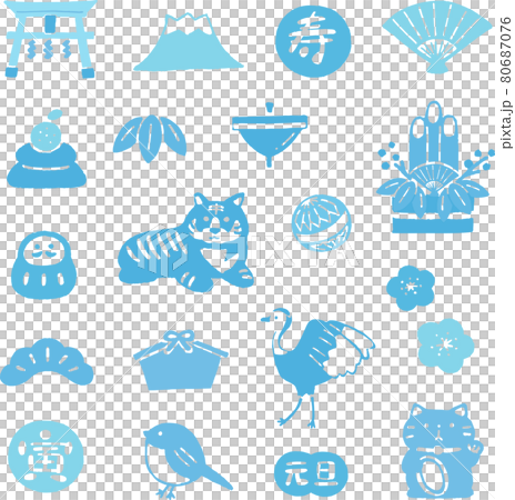 正月年賀状素材手描きのかわいいアイコン　シルエット　ブルー 80687076