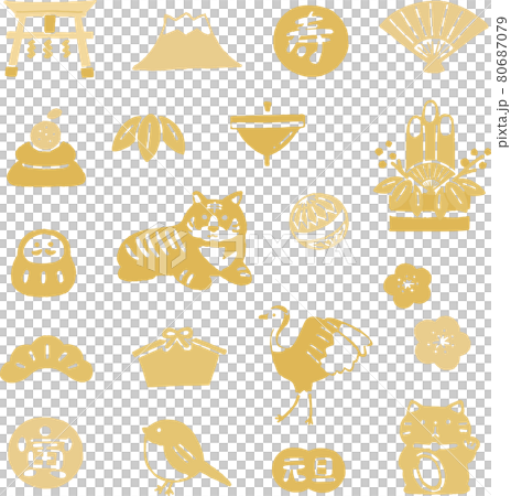 正月年賀状素材手描きのかわいいアイコン　シルエット　黄色 80687079