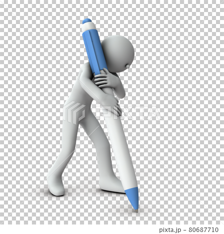 大きなペンを抱えて何かを描く人物。白バック。3Dレンダリング。 80687710