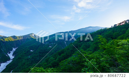 初夏の巻機山登山(井戸尾根コース):登山道から割引岳・前巻機山を望む 初夏の巻機山登山(井戸尾根コース):登山道から割引岳・前巻機山を望む 80687722