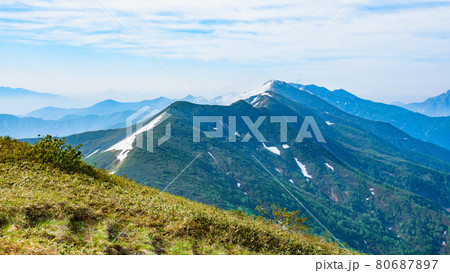 初夏の巻機山登山(井戸尾根コース):登山道からの眺め 初夏の巻機山登山(井戸尾根コース):登山道からの眺め 80687897