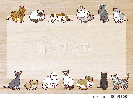 いろいろな種類のかわいい猫たちのイラストフレーム 木目調 横のイラスト素材