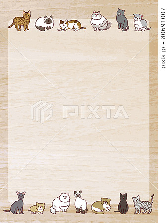 いろいろな種類のかわいい猫たちのイラストフレーム 木目調 縦のイラスト素材