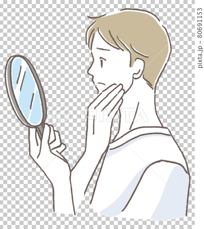 手鏡を見て肌トラブルに悩む男性 80691153