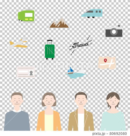 Travel illustration / person and icon set (white background / vector / cutout) 80692080