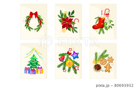 Merry Christmas and Happy Holidays Cards with Fir Tree Branch and Gifts Vector Set Merry Christmas and Happy Holidays Cards with Fir Tree Branch and Gifts Vector Set 80693932