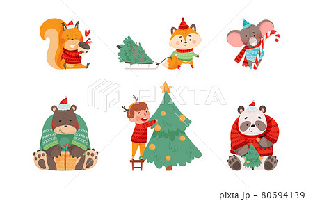 Christmas Characters with Animals Wearing Knitted Scarf and Sweater and Boy Decorating Fir Tree Vector Set 80694139