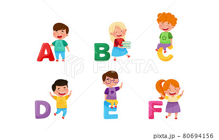 Cheerful Kids Standing with Big Alphabet Letters Vector Set Cheerful Kids Standing with Big Alphabet Letters Vector Set 80694156