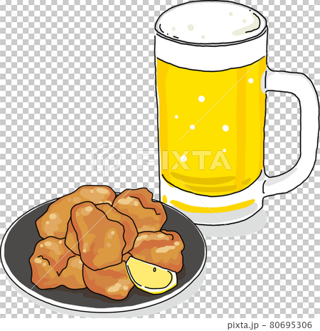 冷えたビールと唐揚げのイラストのイラスト素材