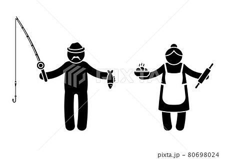 Grandparent stick figure old man and woman vector illustration set. Grandpa with fishing rod and grandma with rolling pin and pie icon silhouette pictogram 80698024