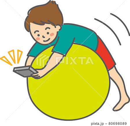 バランスボールで遊びながらタブレットを使う子供のイラスト素材
