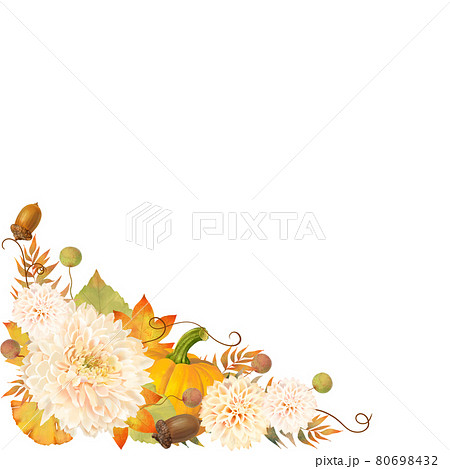 かぼちゃとどんぐりと花の秋の植物レトロモダンなかわいいベクター白バックフレームイラスト素材のイラスト素材