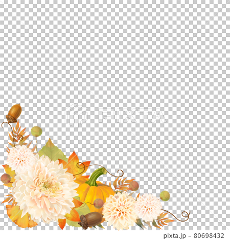 かぼちゃとどんぐりと花の秋の植物レトロモダンなかわいいベクター白バックフレームイラスト素材 かぼちゃとどんぐりと花の秋の植物レトロモダンなかわいいベクター白バックフレームイラスト素材 80698432